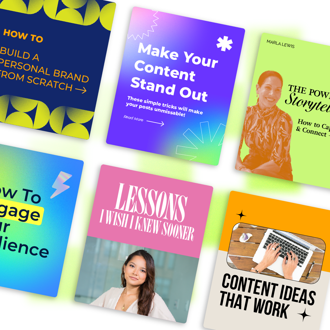 A collection of social media post templates offering tips on building a personal brand, making content stand out, the power of storytelling, engaging your audience, lessons learned, and content ideas that work.
