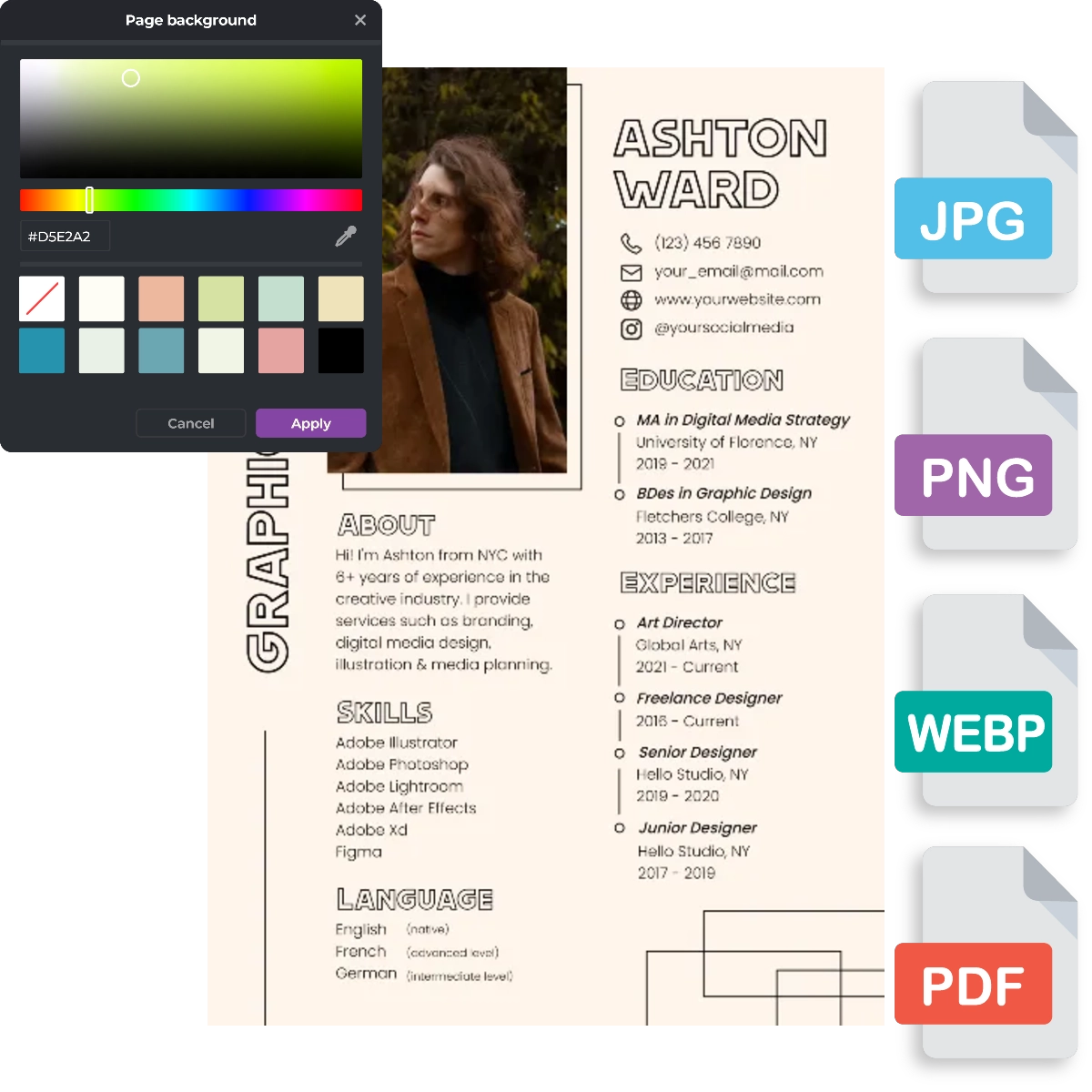 Resume of Ashton Ward with a color palette tool open for editing the background color, alongside file format options: JPG, PNG, WEBP, and PDF.
