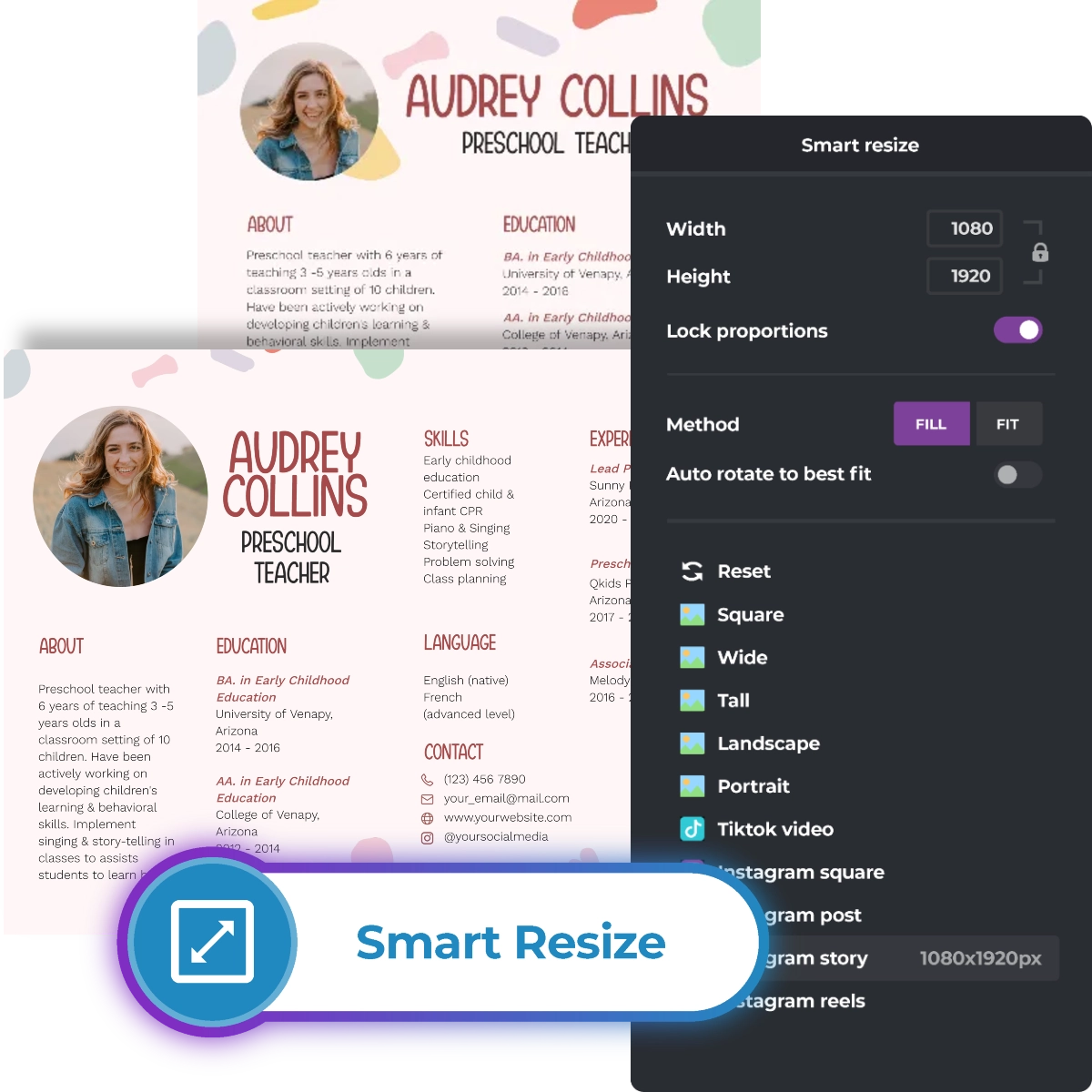 Resume of Audrey Collins, a Preschool Teacher, with a 